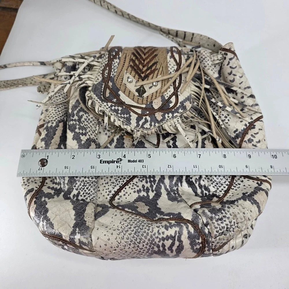 Vintage Hobo Bucket Bag Snakeskin Print‎ Fringe Leather Brown Cream Coin Purse
